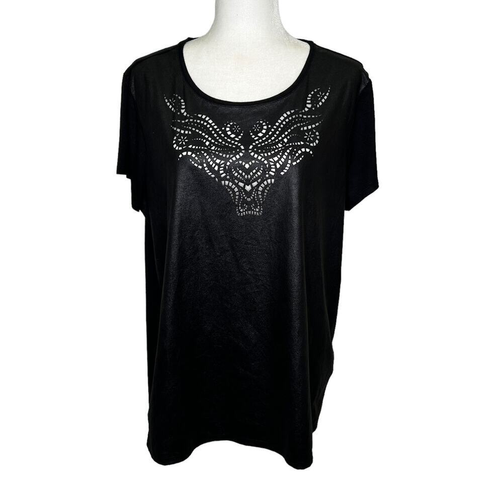Rock & Republic Faux Leather Mixed Fabric Lazer Cut Short Sleeve Biker Moto Top